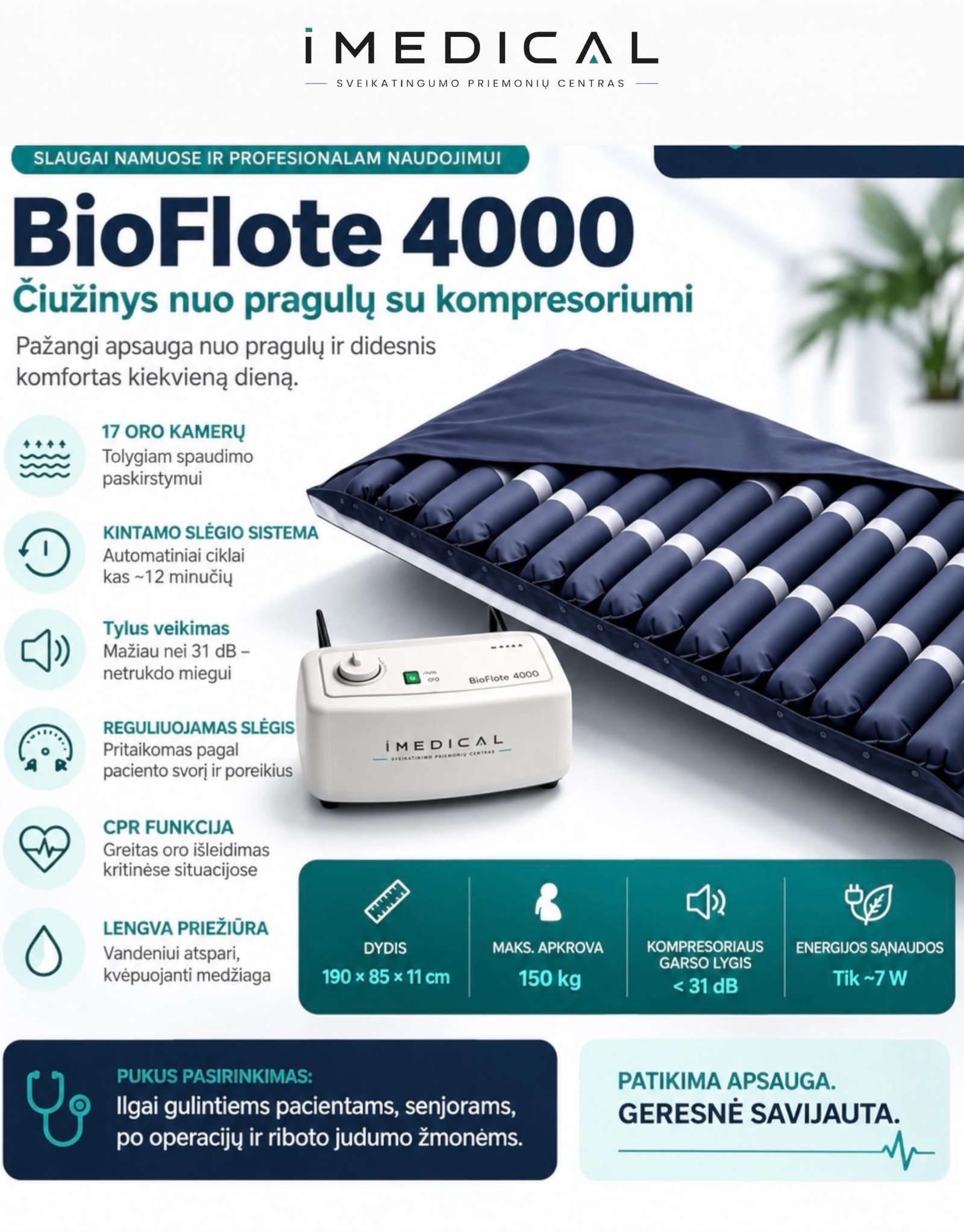 Čiužinys nuo Pragulų su Kompresoriumi BIOFLOTE4000 Aktyvus medicininis oro čiužinys su kompresoriumi